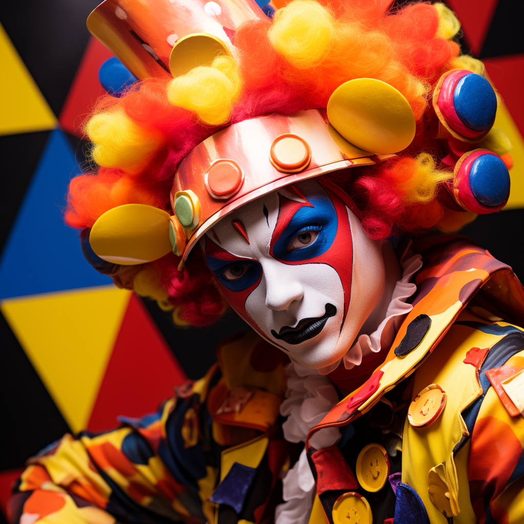 Flamboyant clown character with whimsical makeup and colorful jumpsuit