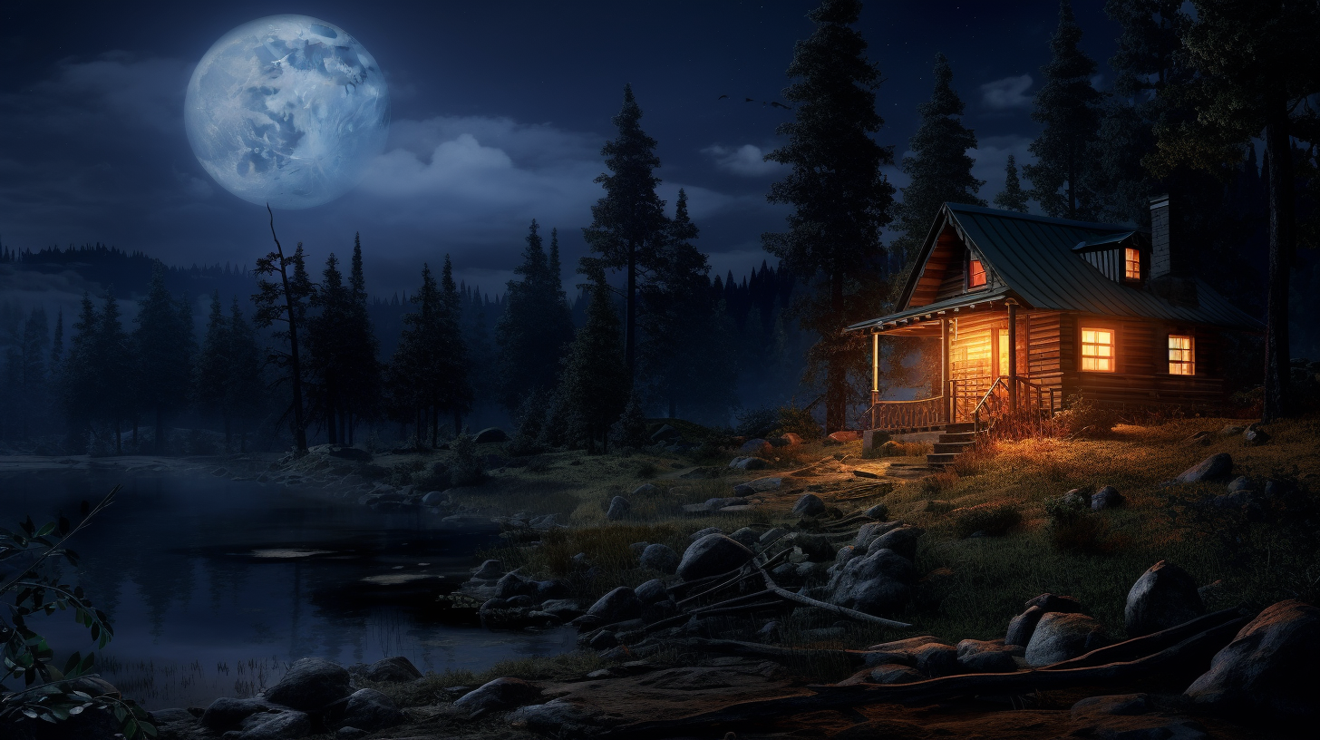 Hunting cabin under a full moon