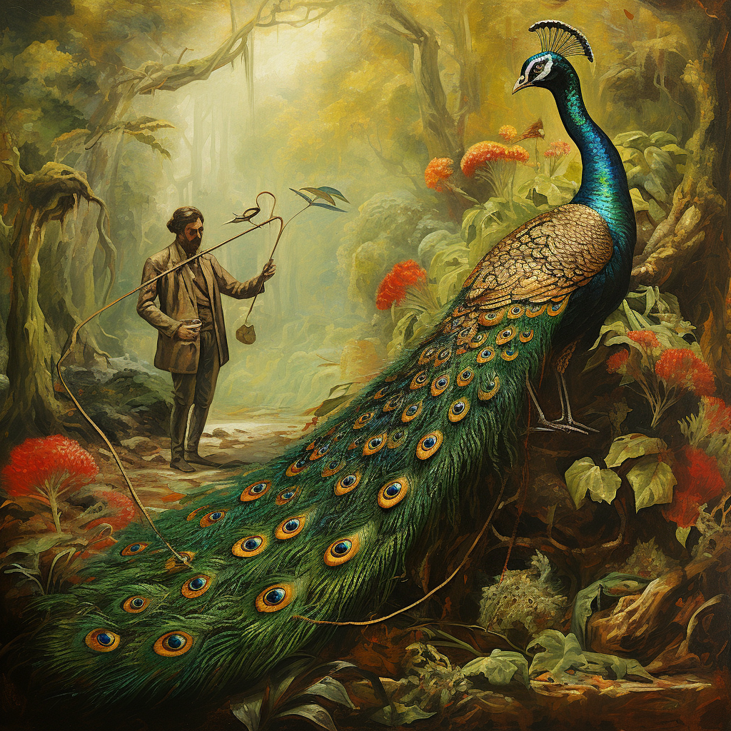 Man hunting peacock with pickaxe