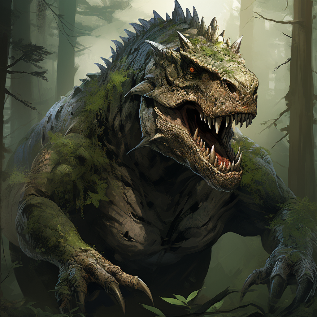 A portrait of a hunting T-rex in the forest