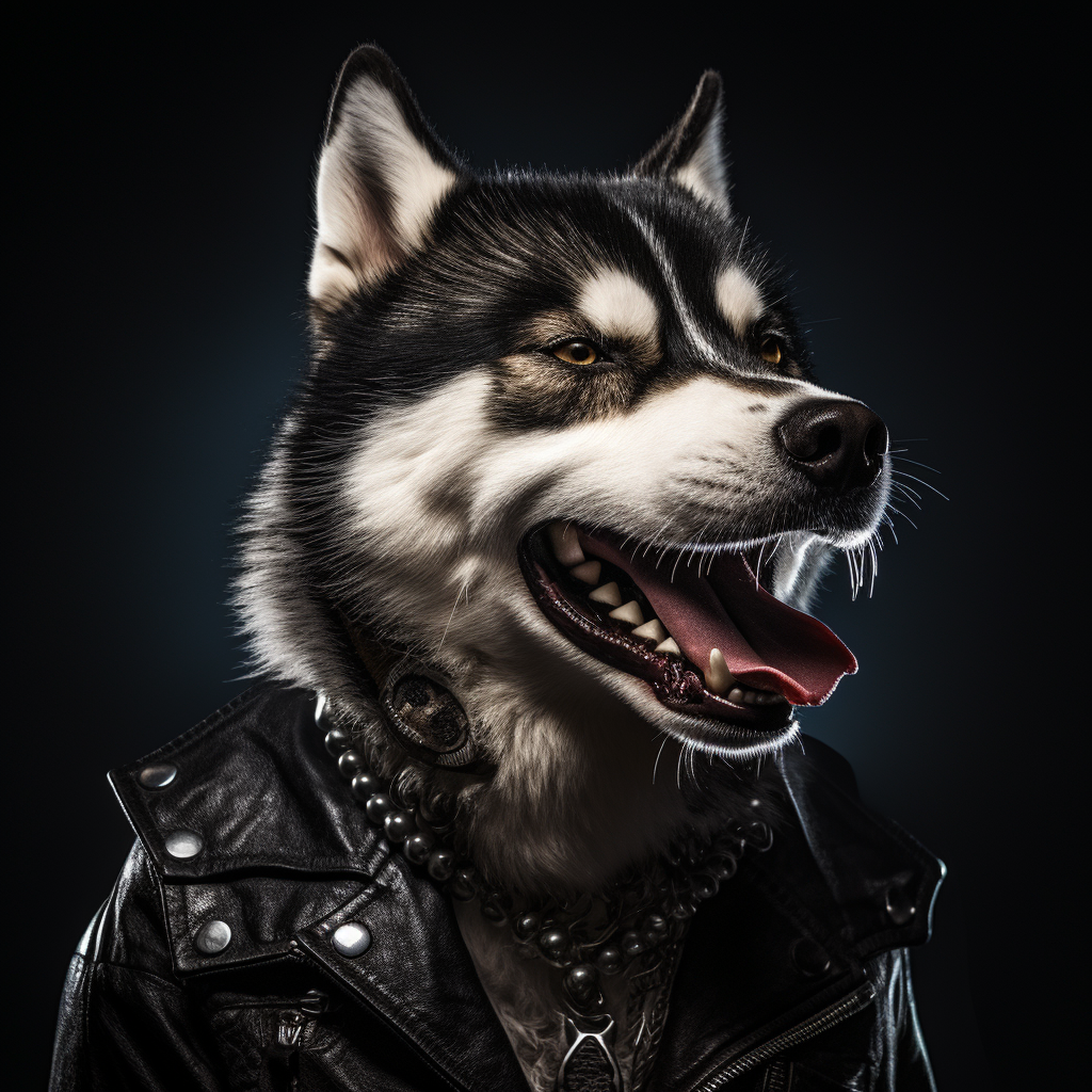 Realistic portrait of a Husky Dog dressed as a metalhead