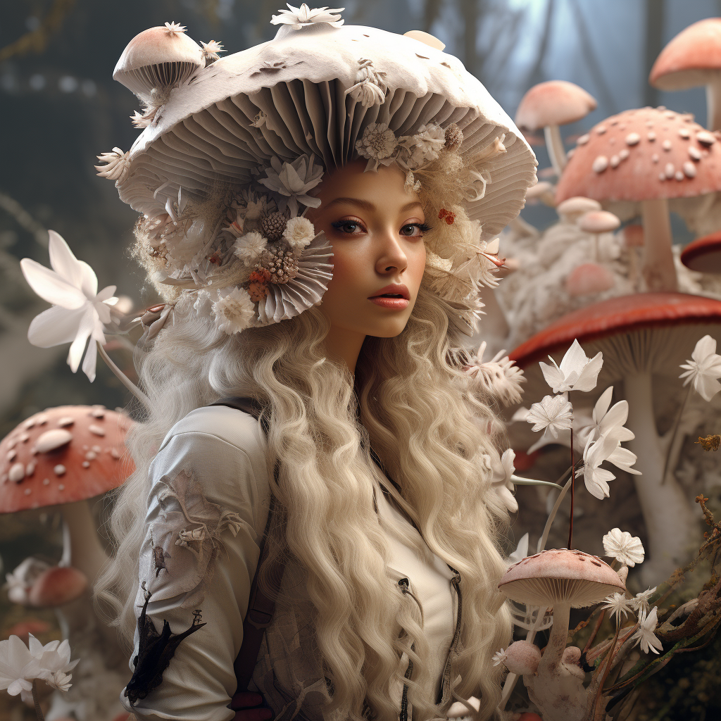 Realistic portrayal of a female hybrid mushroom species