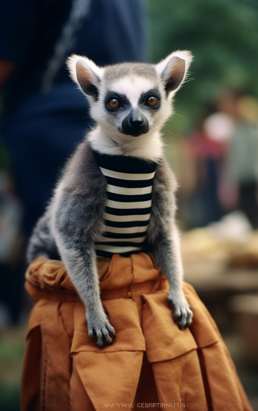 Cute hybrid ring-tailed lemur toddler wearing a skirt