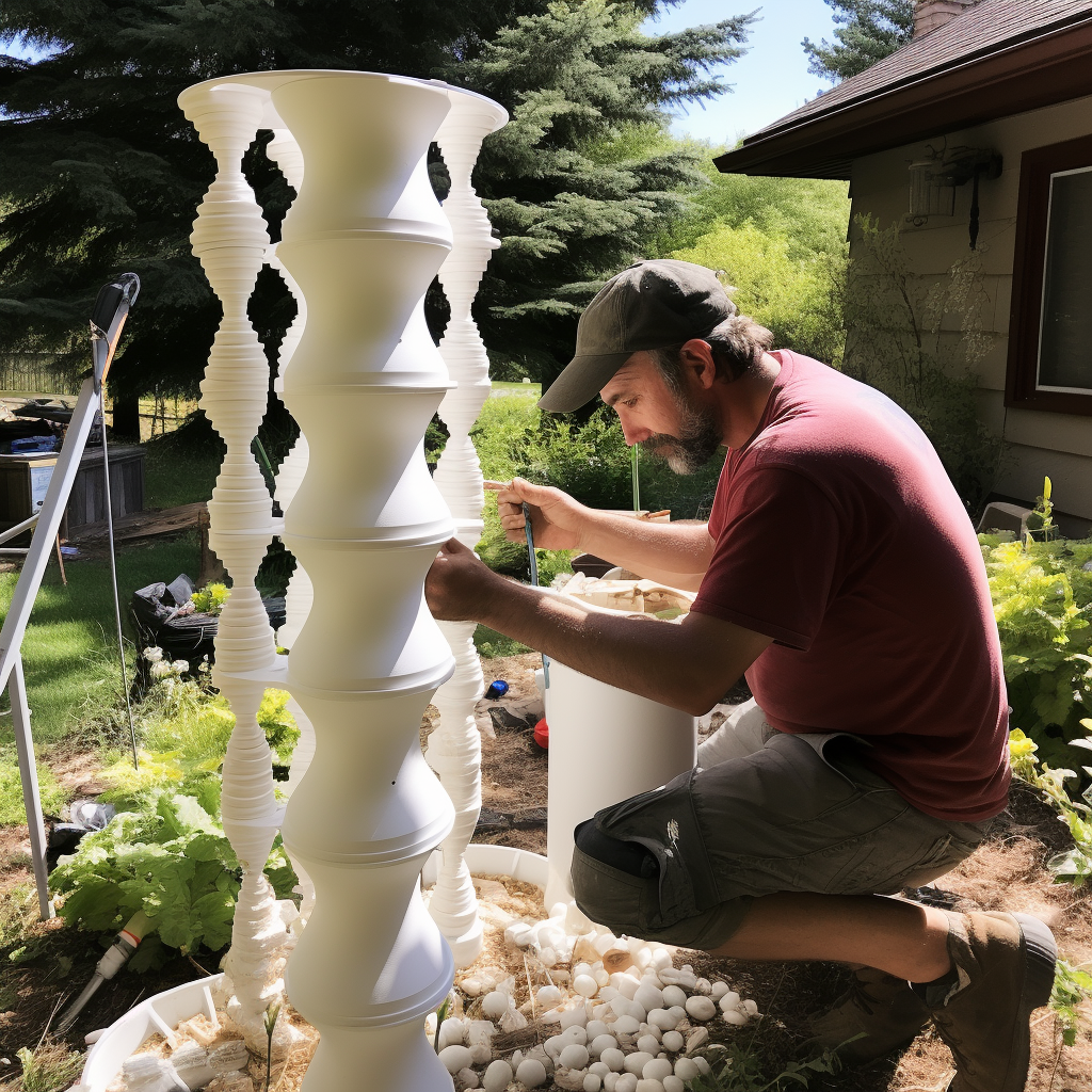 Father constructing a hydroponic tower garden