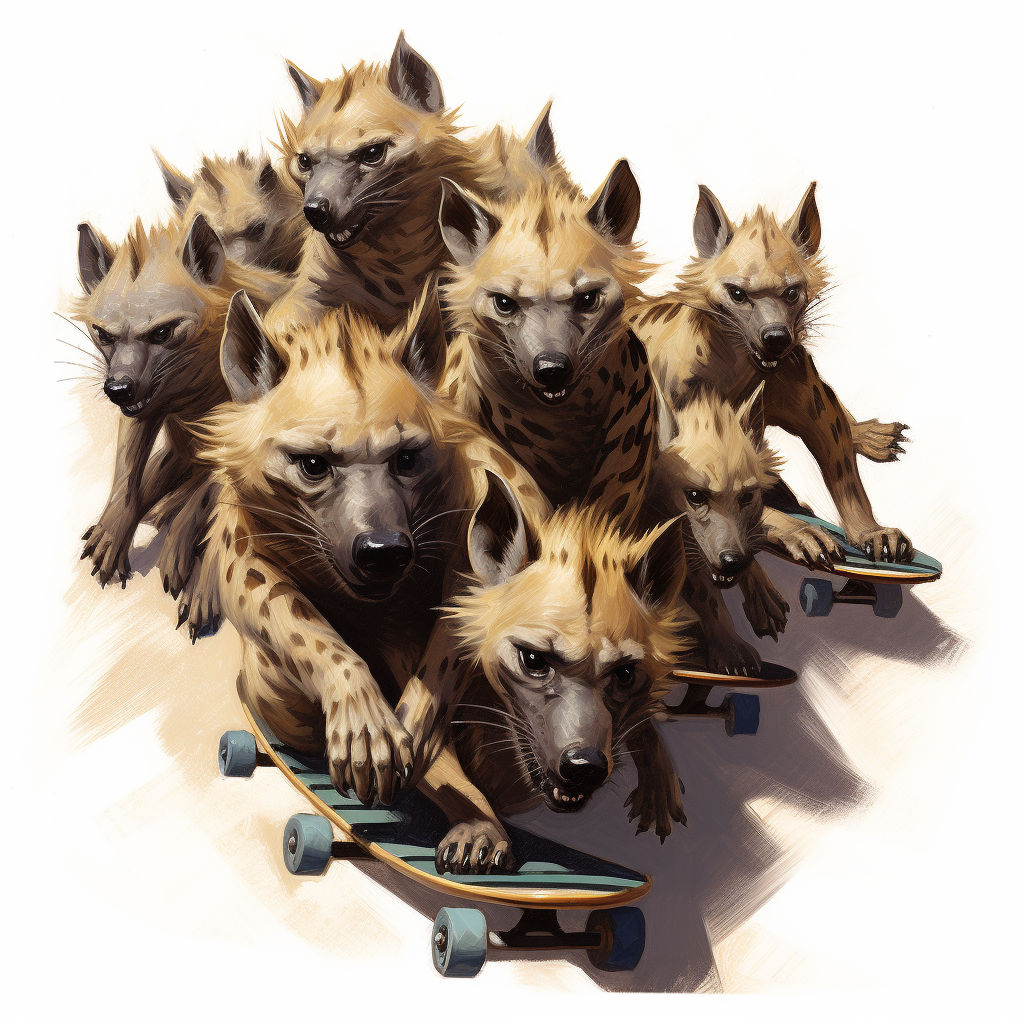 Pack of Hyenas surrounding a Skateboard