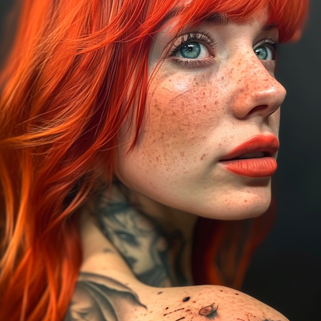 Realistic image of an Instagram model with red hair and tattoos