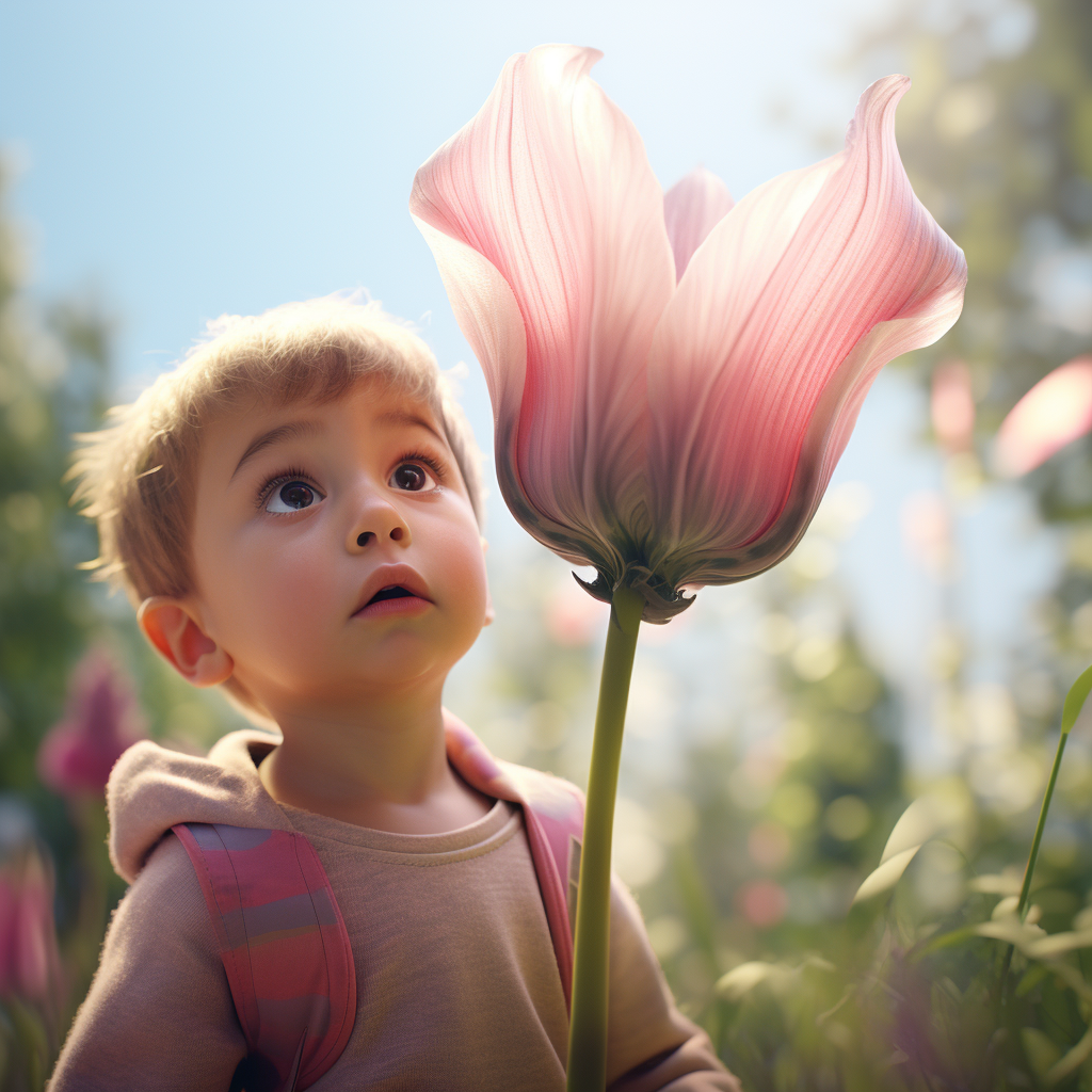 Cute Baby with Big Eyes and Pink Tulip