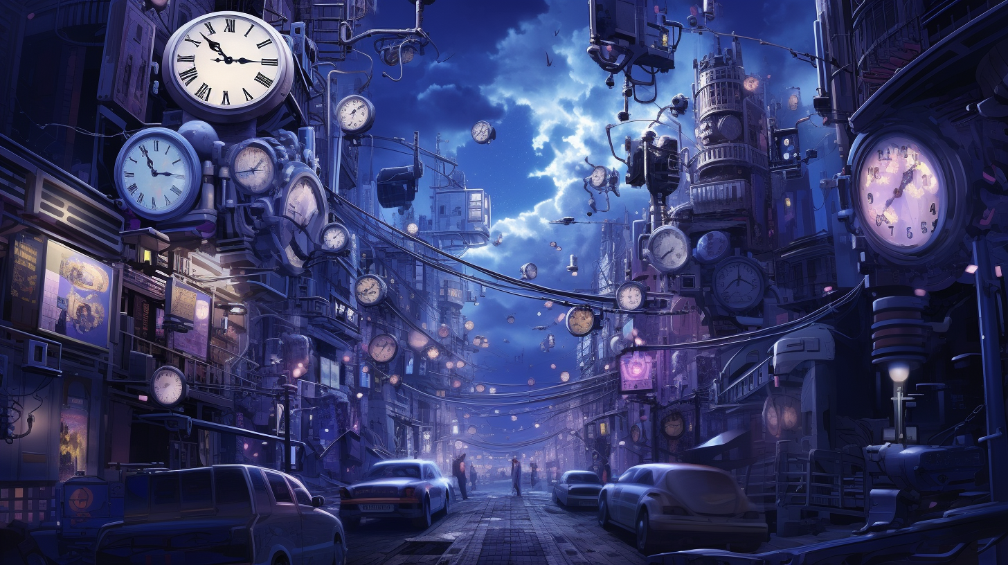 Bustling city street with clock and interconnected devices