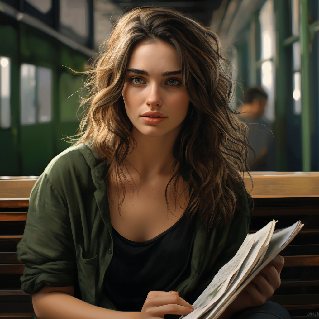 Beautiful girl reading comic on a bench