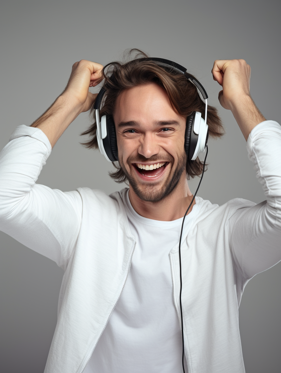 Happy man wearing Sennheiser HD 25 headphones