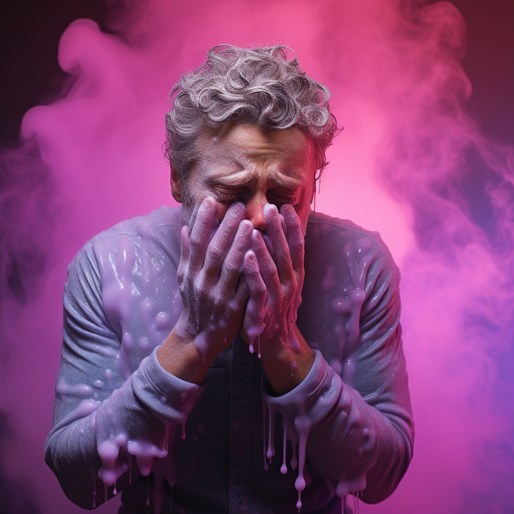 Man crying into hands in vapor wave background