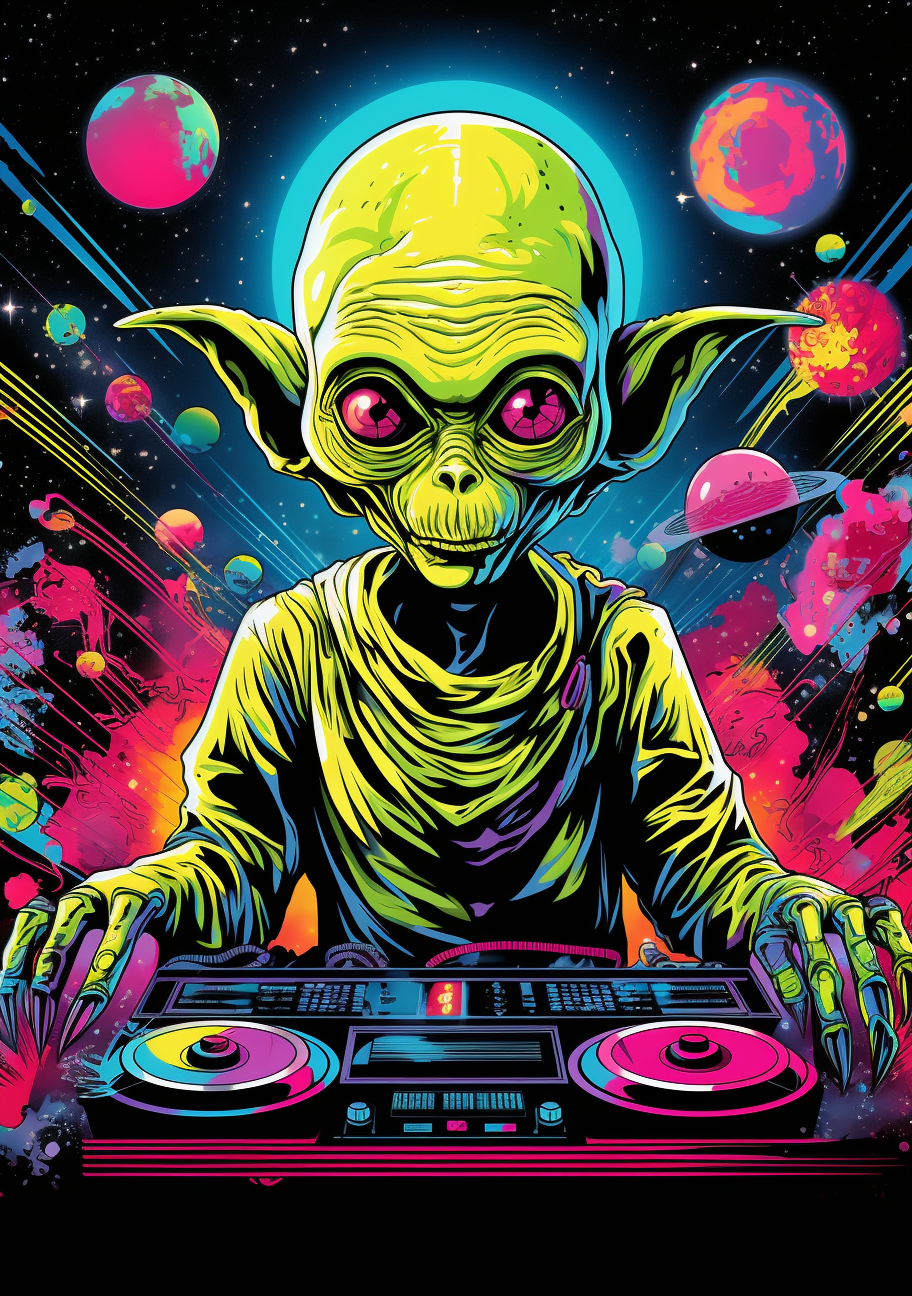 Cartoon alien illustration in hyper-realistic pop-art style