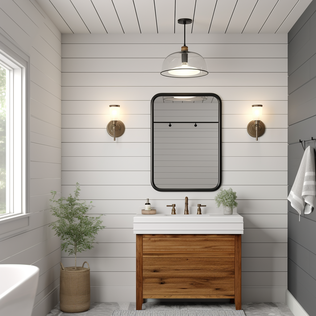 Shiplap Bathroom with Sconce Lighting