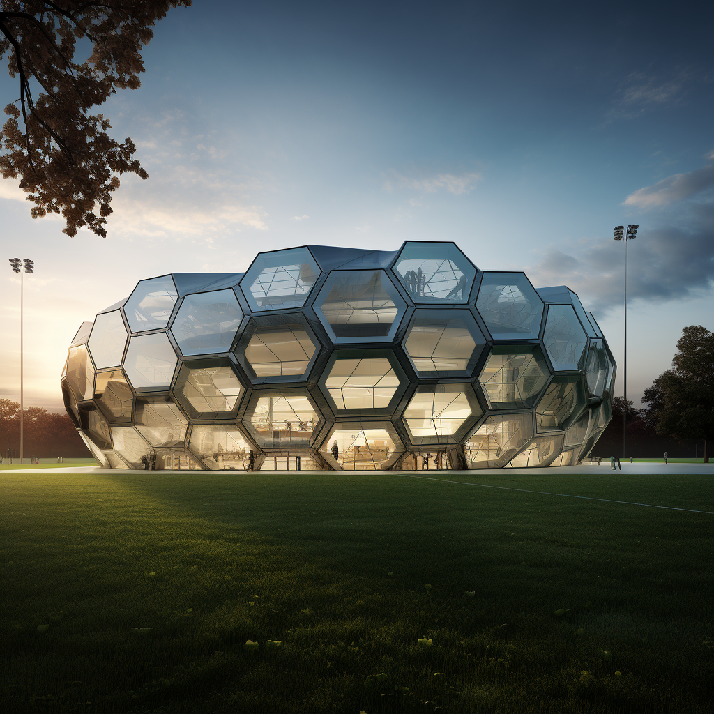 Exterior view of hyper-realistic steel lattice building