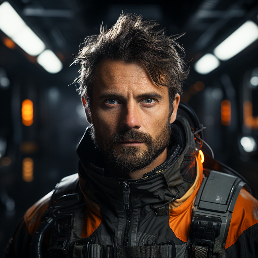 Young man with beard and dark hair in hyper-realistic sci-fi style