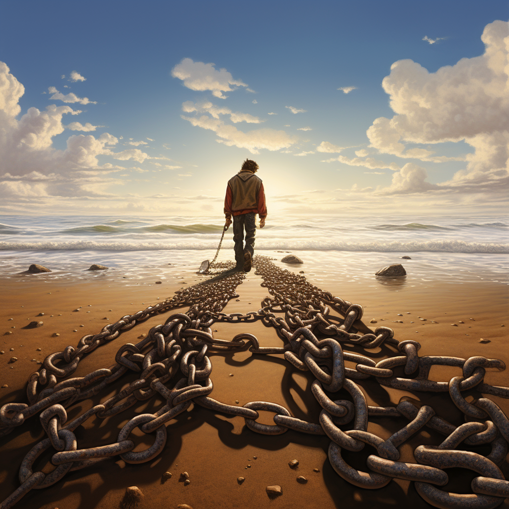 Mr. Salon walking with chains in sand symbolizing knowledge