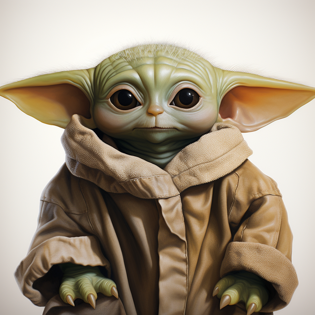 Hyperreal Baby Yoda with vibrant colors on a white background