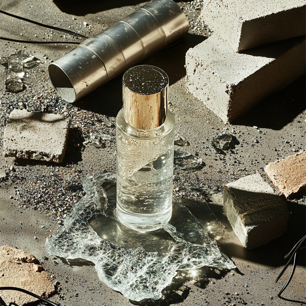 hyperreal image of cylindrical clear perfume bottle display