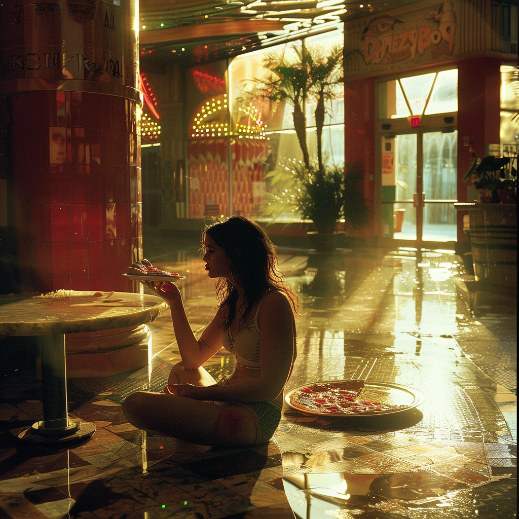 Woman Eating Pizza in Casino