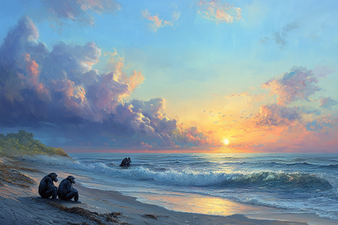 Chimpanzees watching sunrise on beach