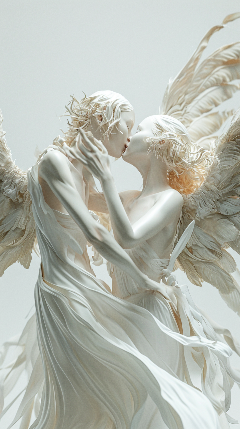 Hyperrealistic angel albino twins in white dresses