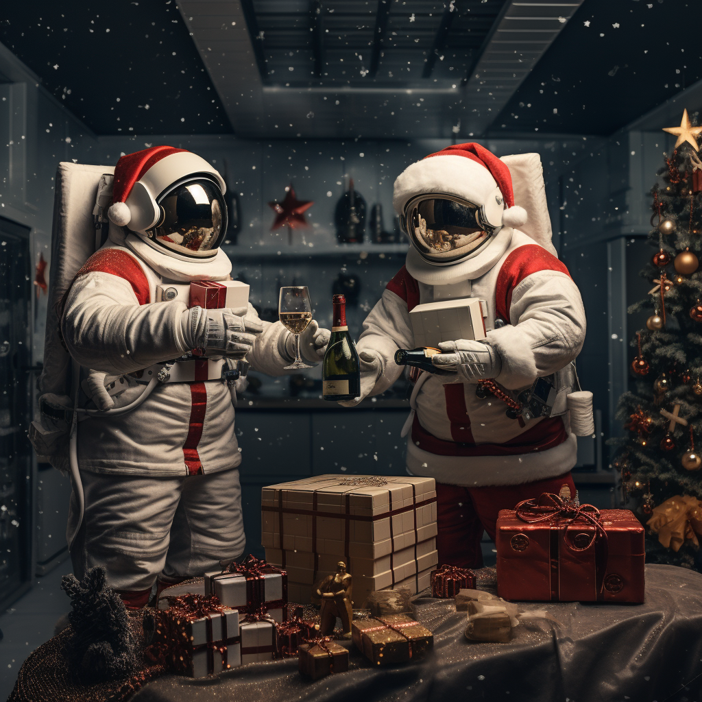 Two Astronauts Celebrating Christmas Joyfully