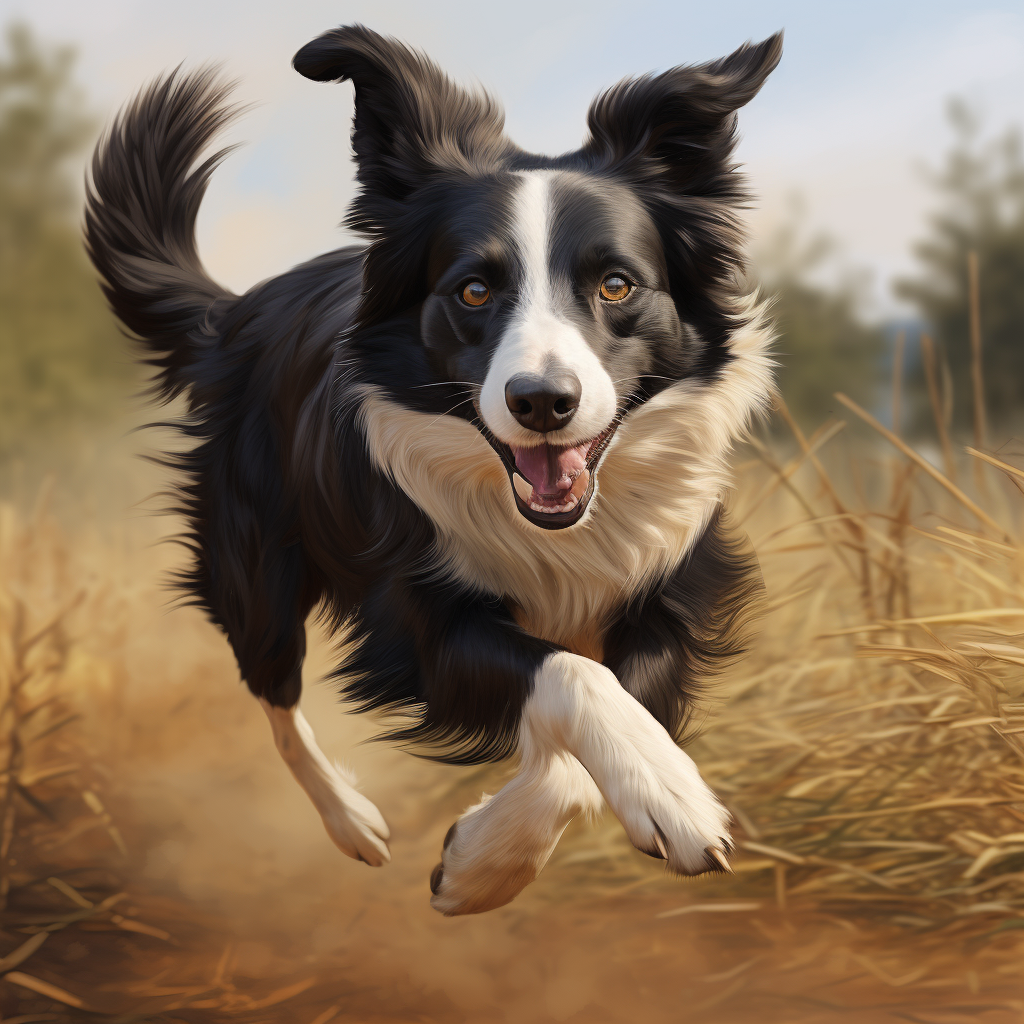 Hyperrealistic border collie running on a field