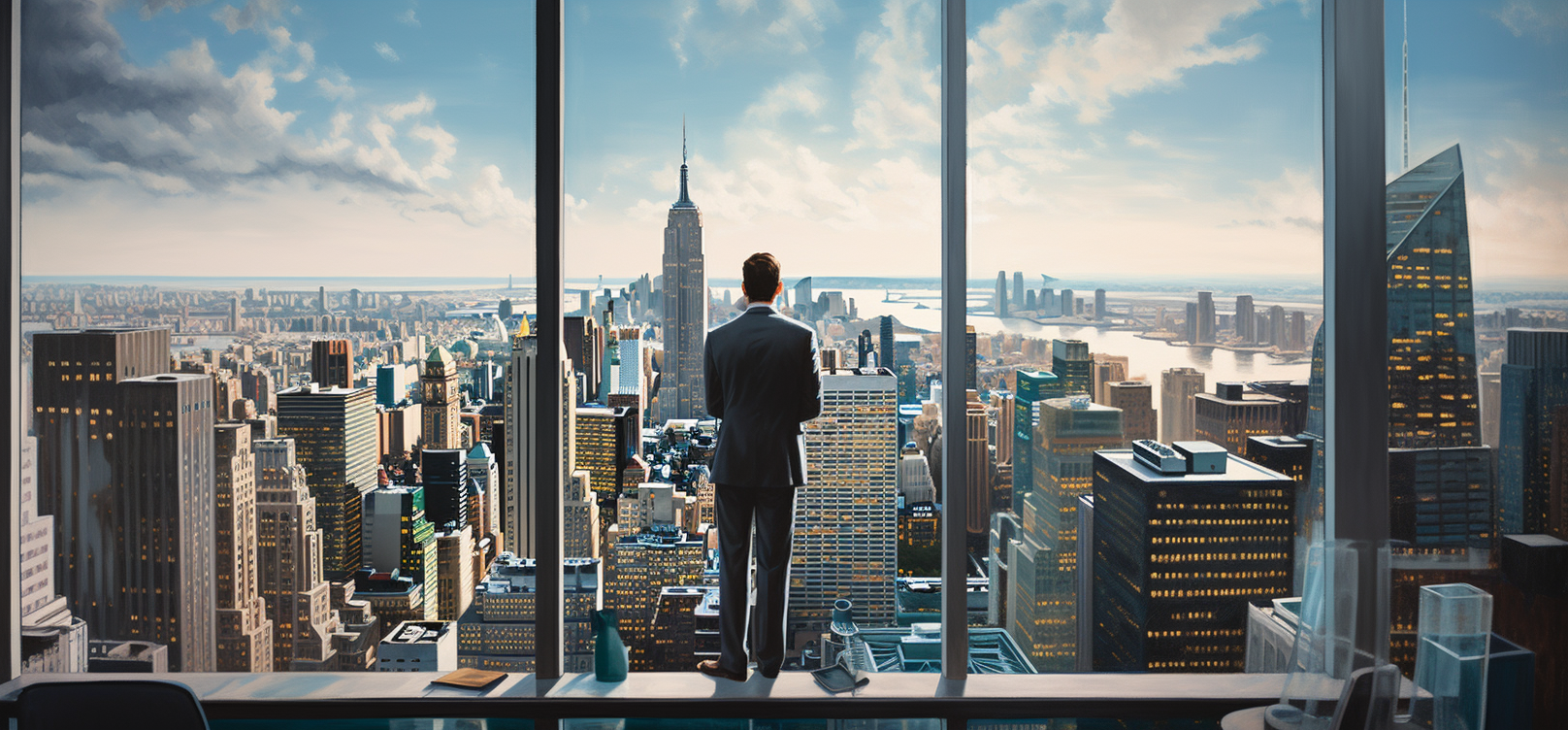 Man looking out of skyscraper's glass window