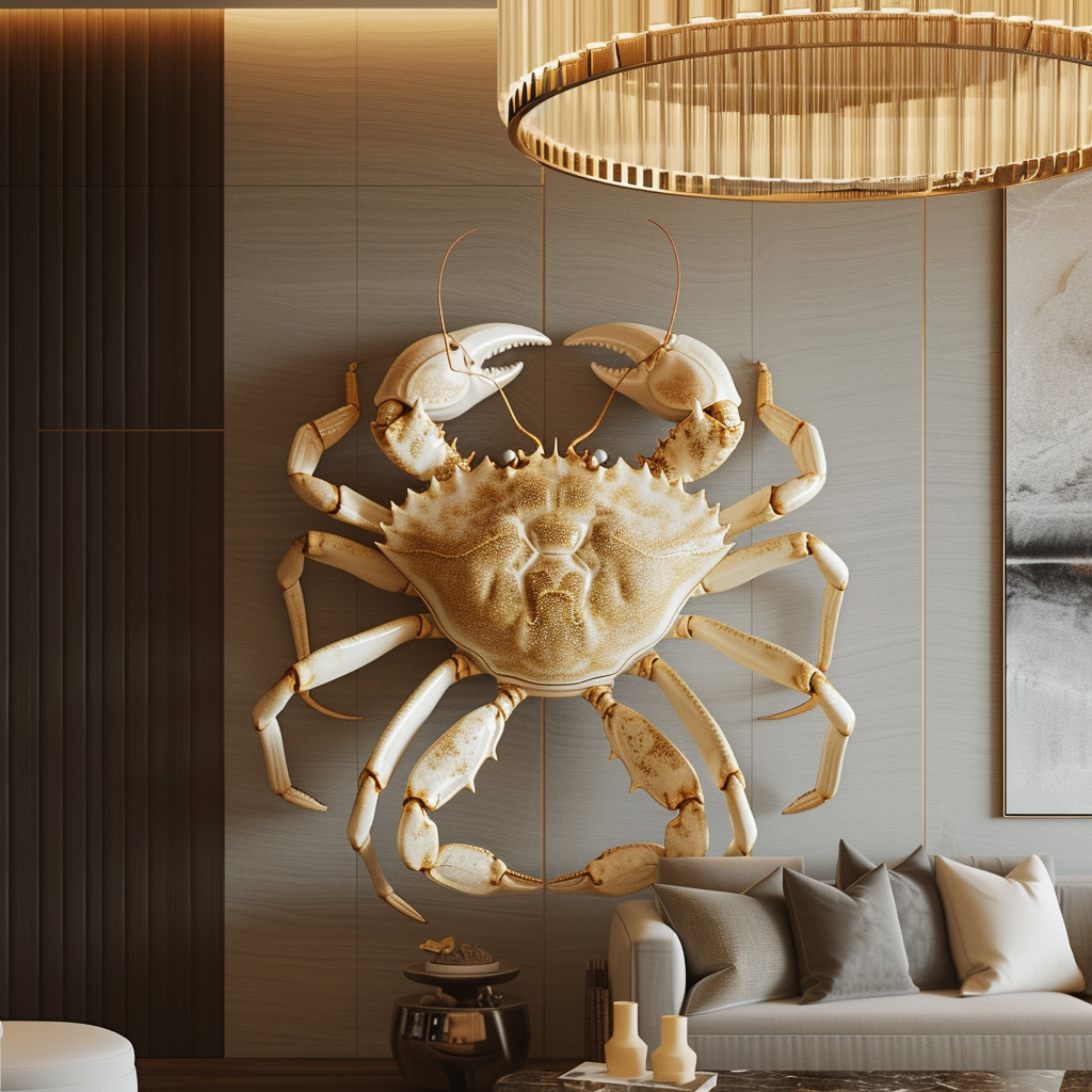 Hyperrealistic crab clinging to modern chandelier