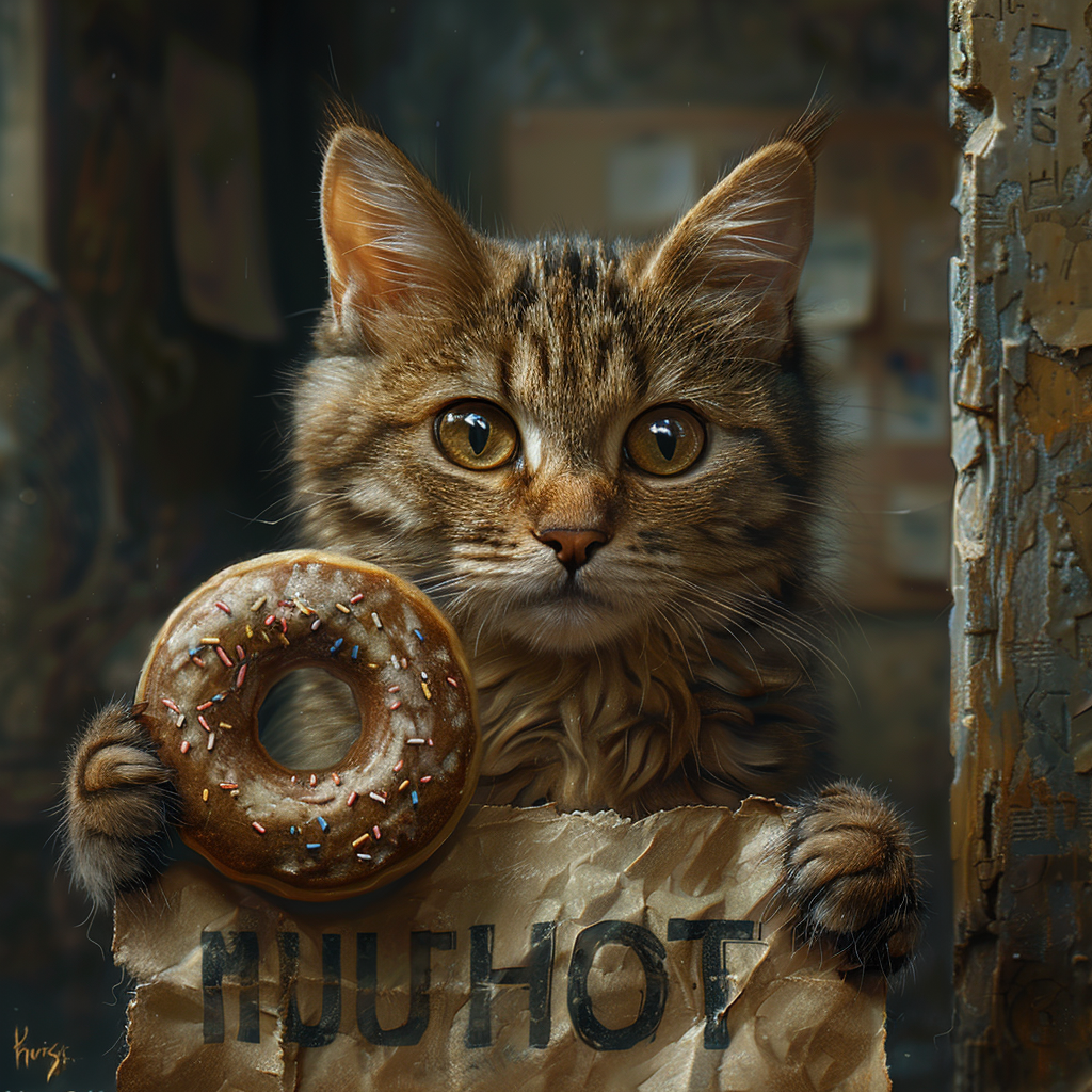 Cat holding donut mug shot