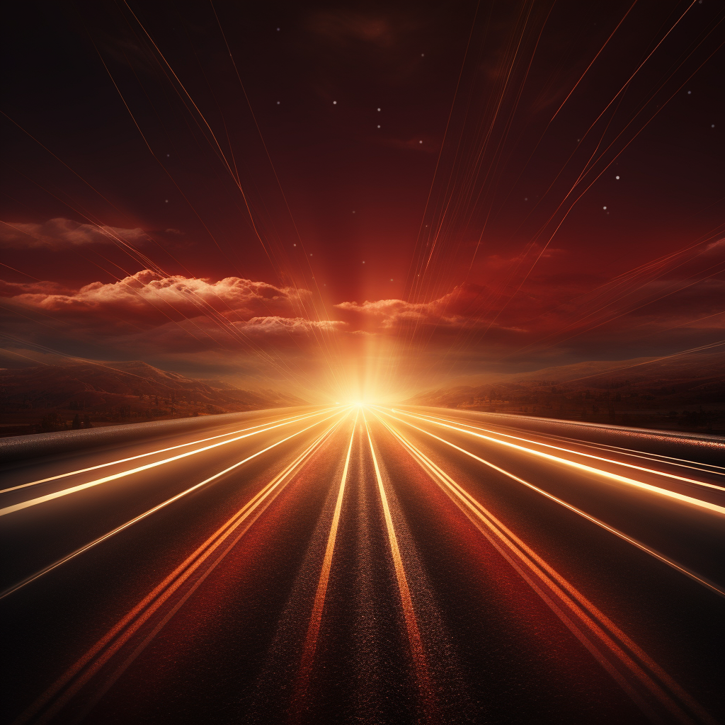 Hyperrealistic highway backdrop with red and gold light rays