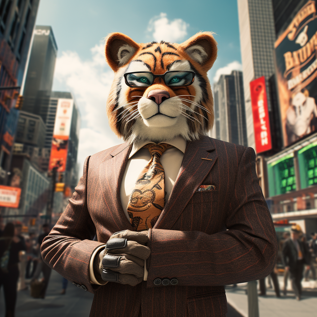 Hyperrealistic image of Tony the Tiger in a suit