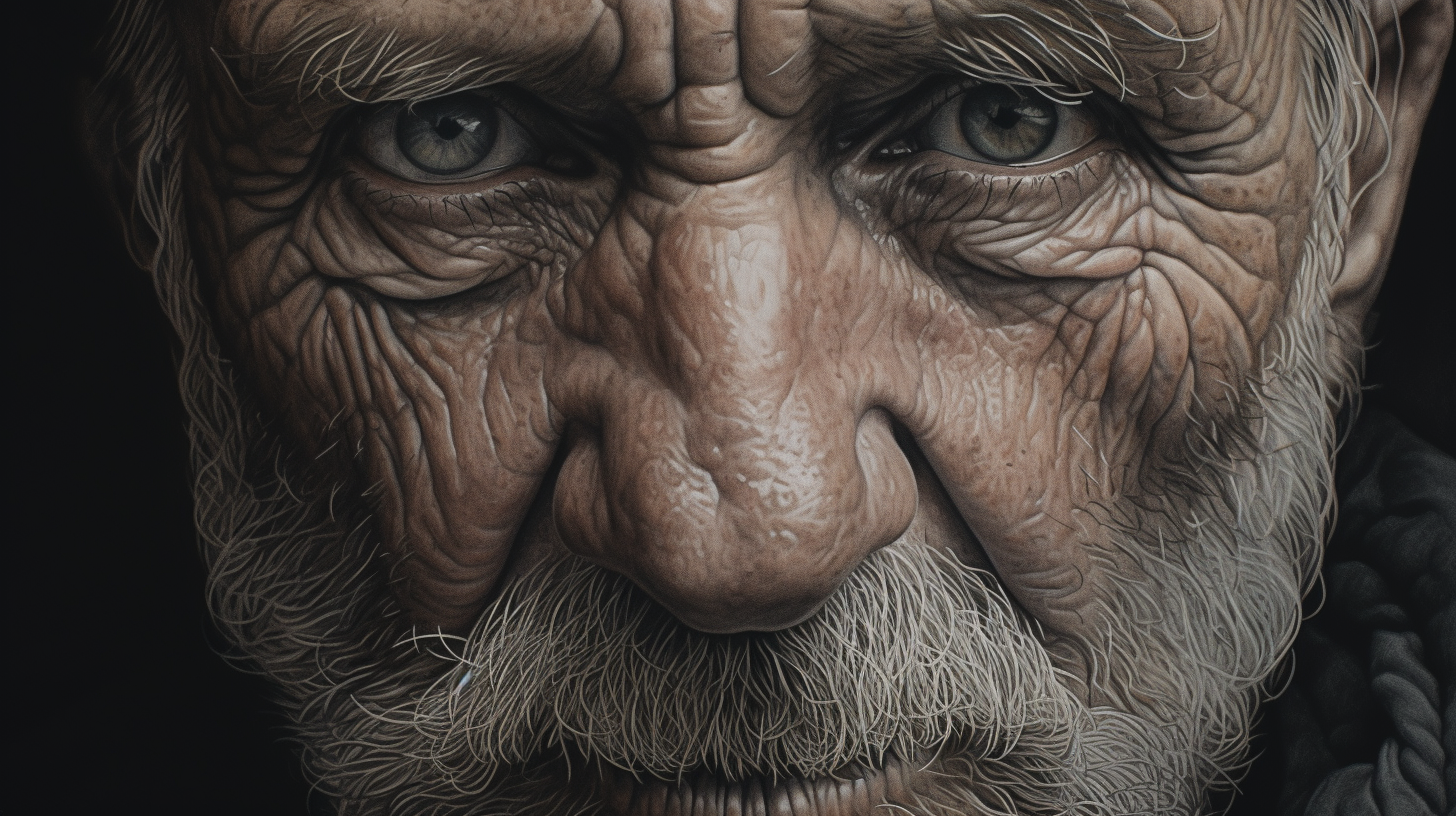 Hyperrealistic intense gaze with sweat beads and wrinkles