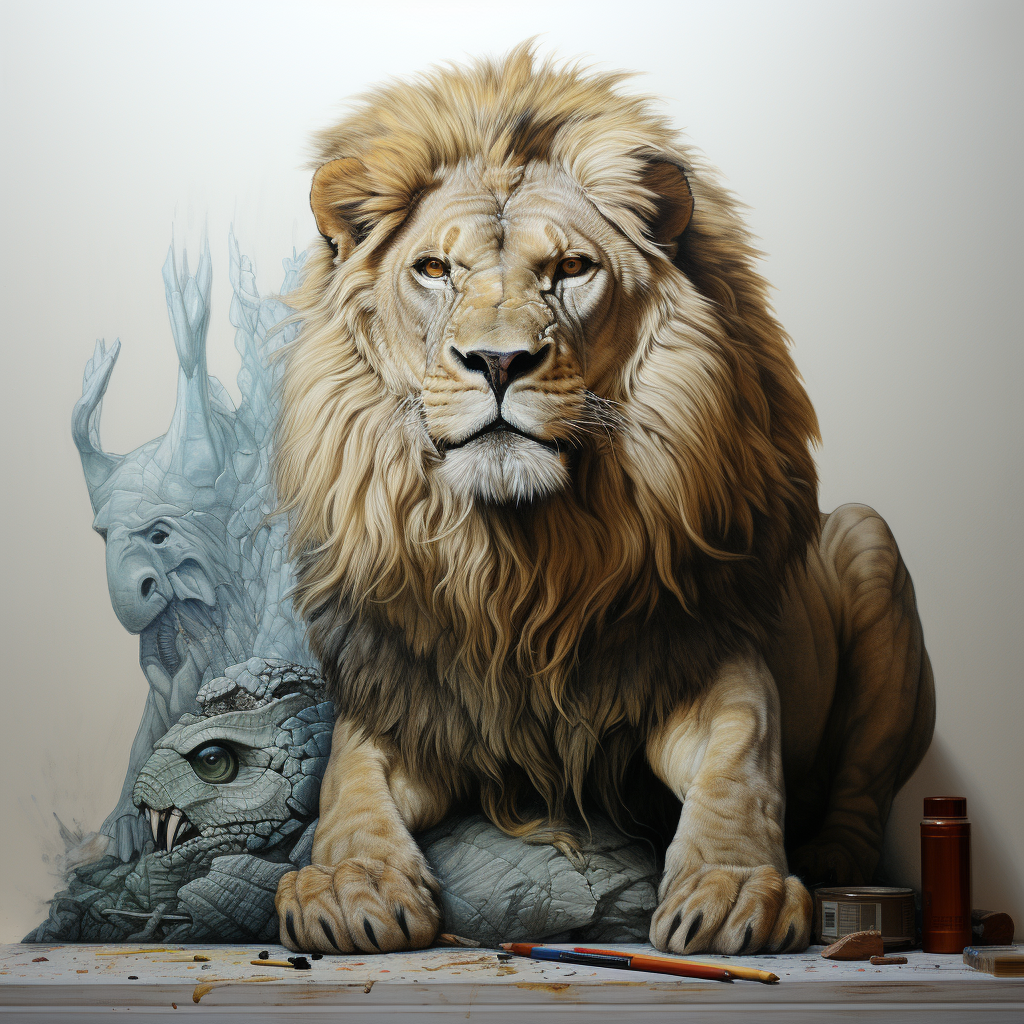 Lion sitting with turtle in hyperrealistic art