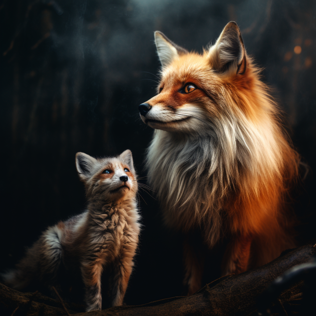 Hyperrealistic old cat with young fox