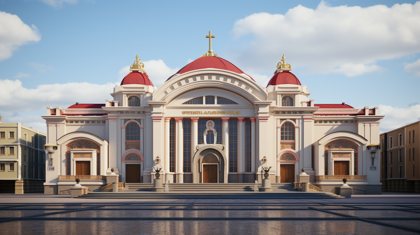 Hyperrealistic theater building in Russian-Avangard style