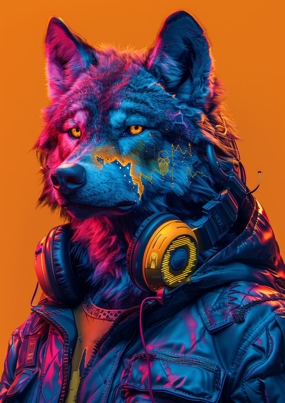 hyperrealistic wolf in cyberpunk jacket