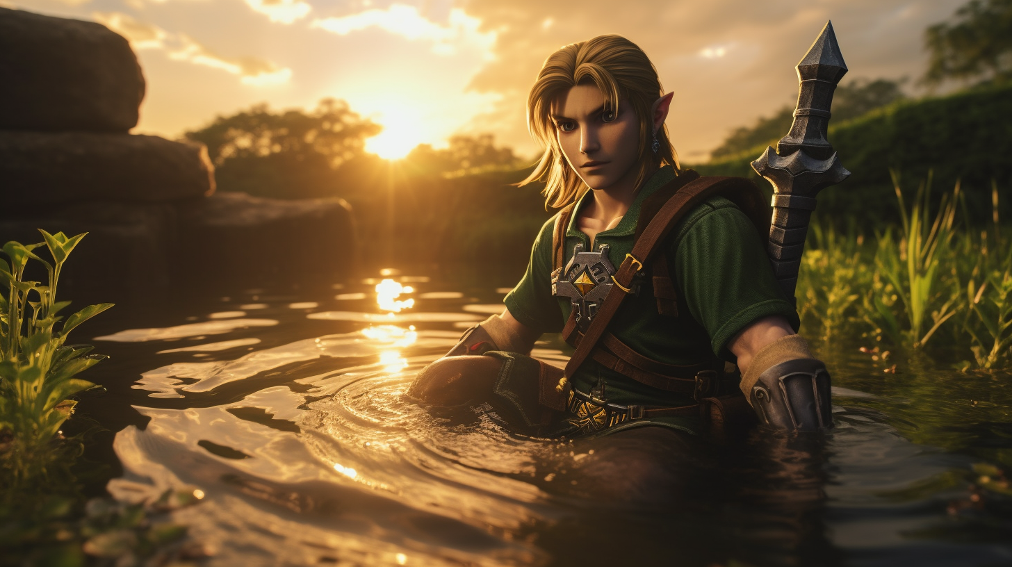 Legend of Zelda contemplating Hyrule's land at sunset