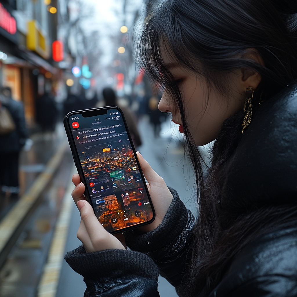 iPhone 13 showing Reddit news, held by black-haired woman.