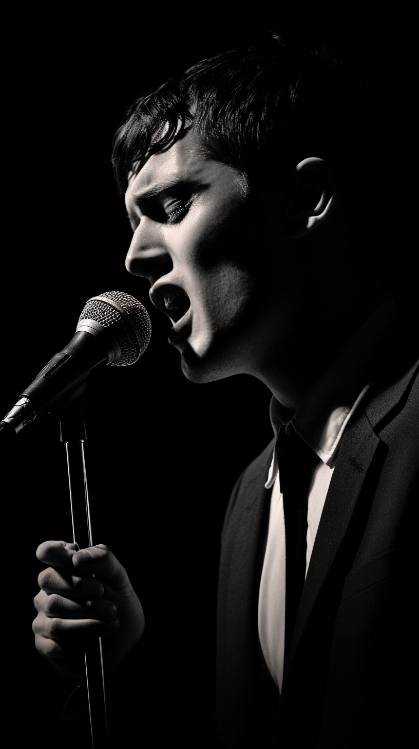 Professional portrait of Ian Curtis singing into microphone