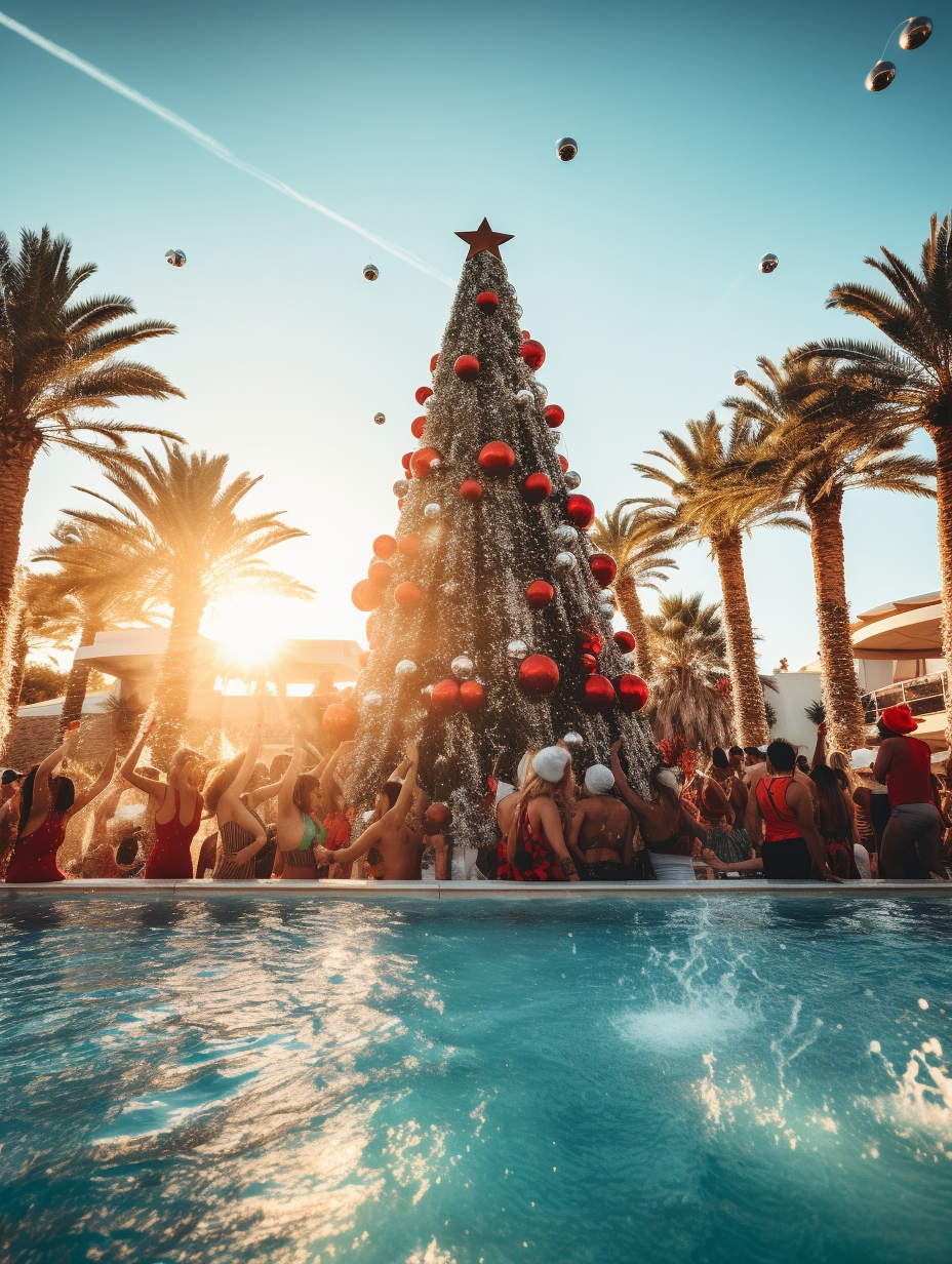 Ibiza Pool Party with Dancing People and Christmas Trees