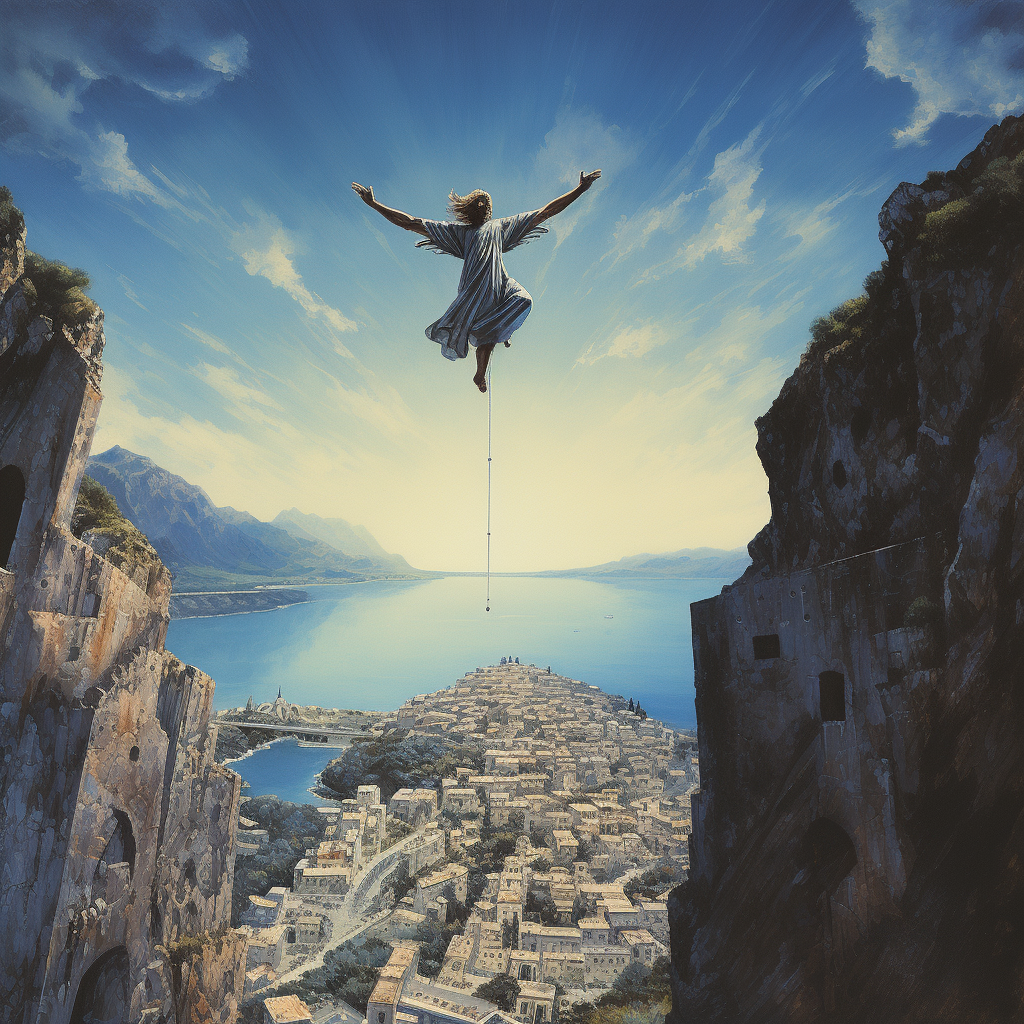 Icarus falling over sea, mountains, Greek city