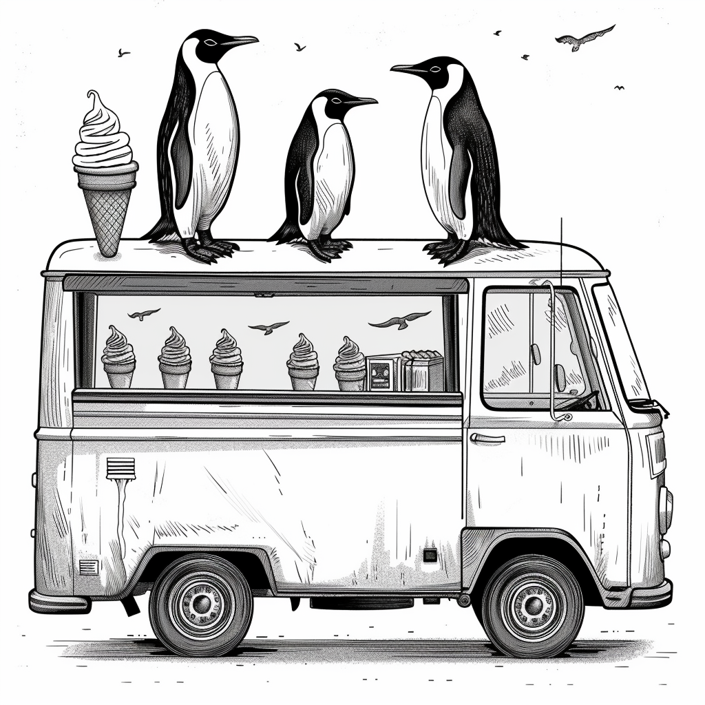 Penguins operating ice cream truck