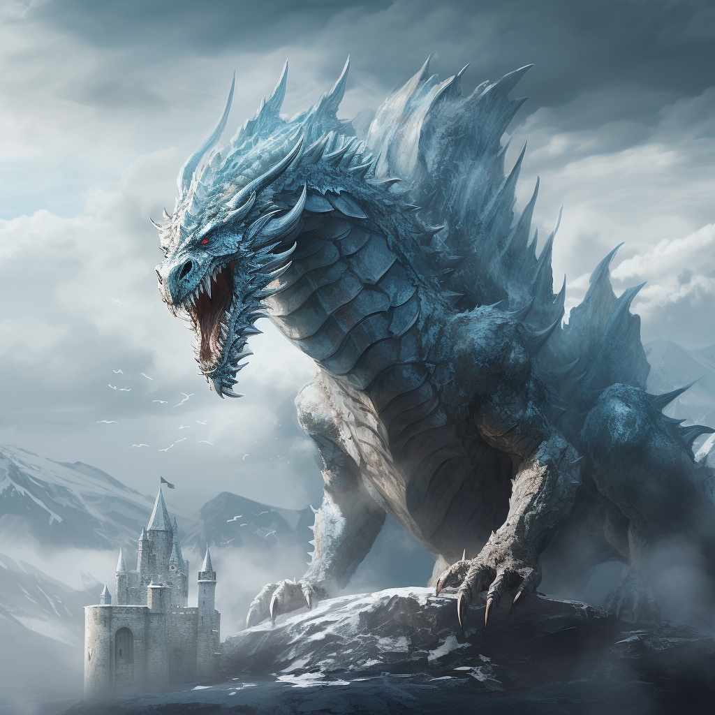 Majestic ice dragon crawling on a snowy castle