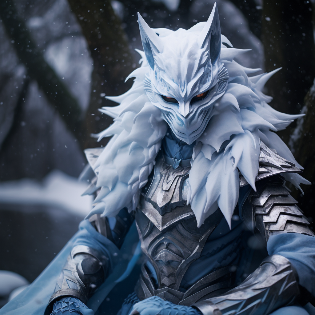 Ice Elemental in Armor with White Kitsune Fox Mask