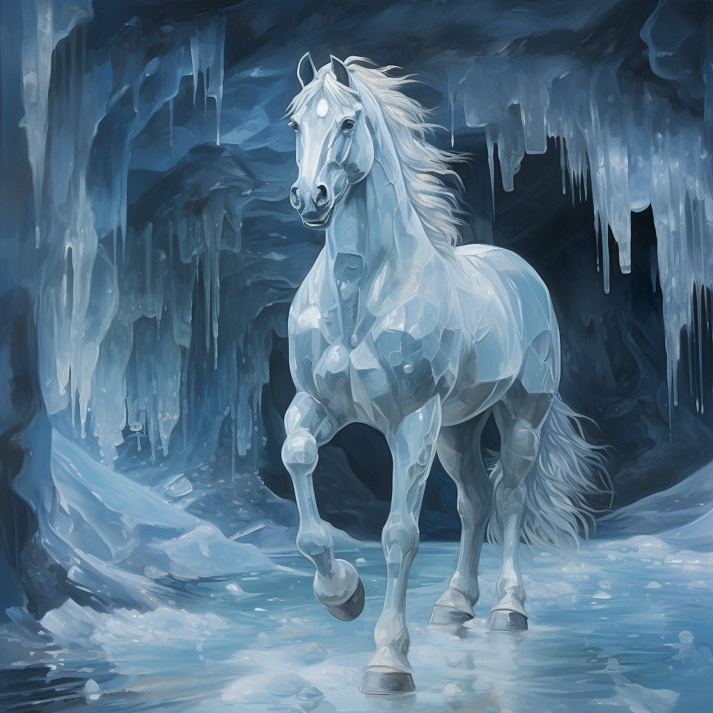 Majestic ice horse in crystal cave