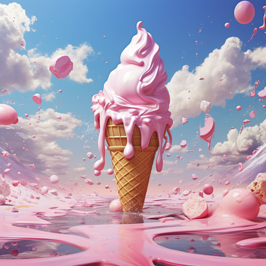 Colorful cartoonish ice cream in pink sky