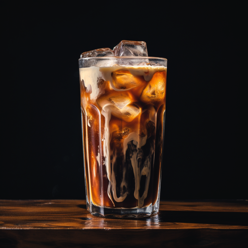 Refreshing iced coffee in glass with milk