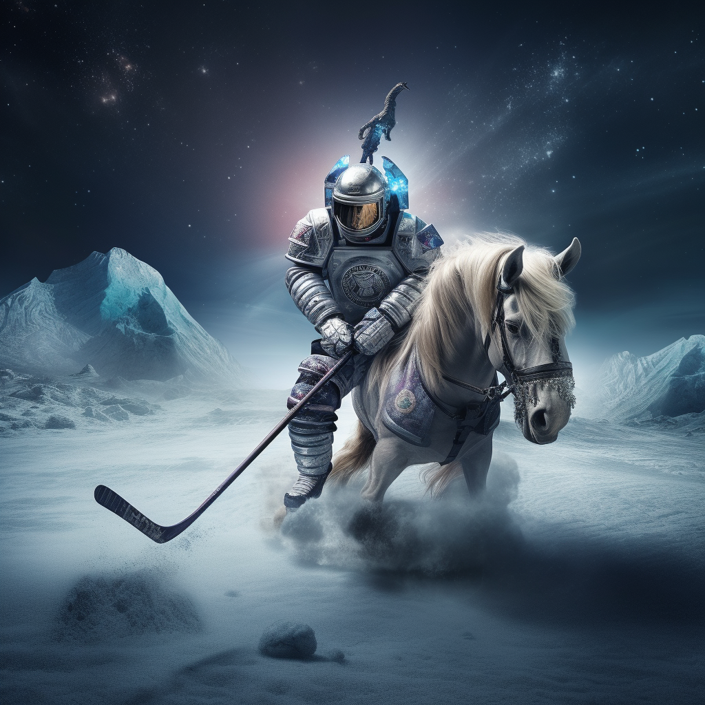 Ice hockey player riding unicorn on moon