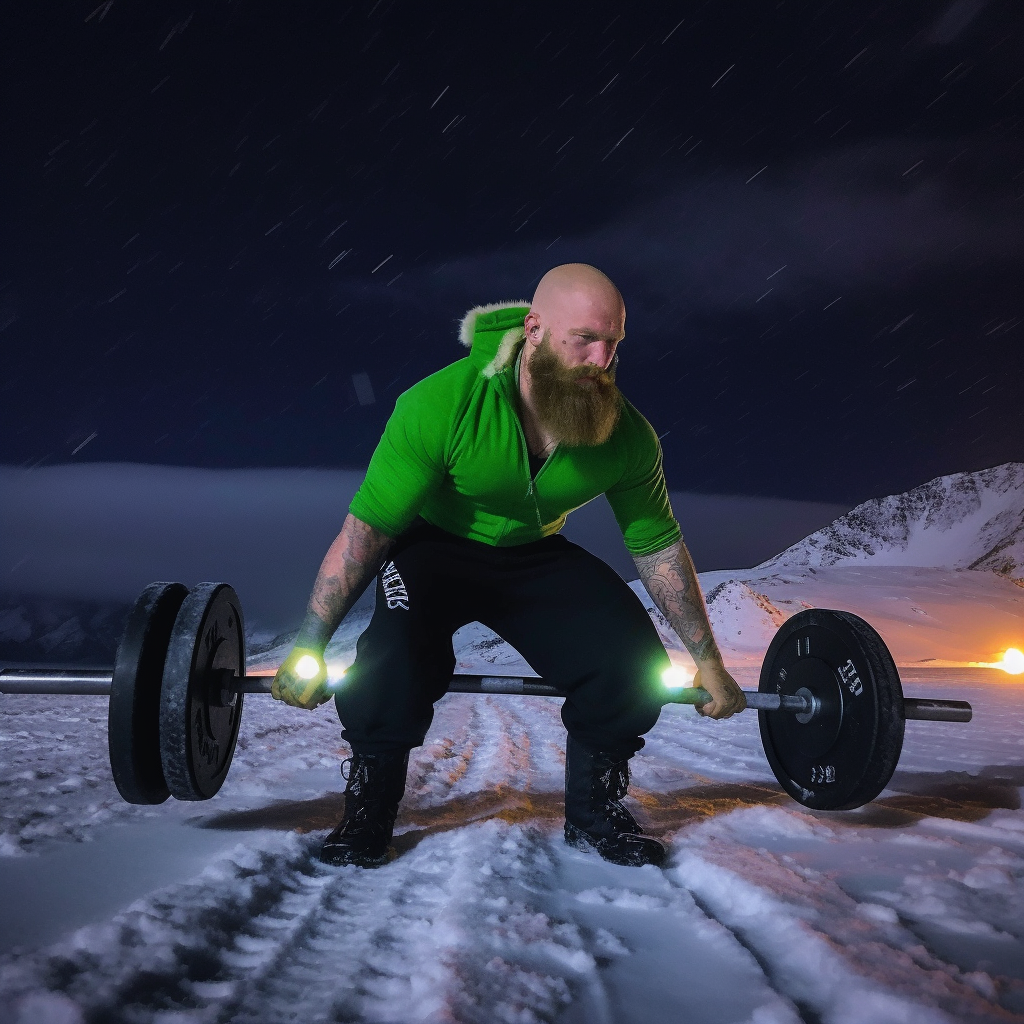 Bald Bearded Icelandic Man Deadlifting in Icy Mountain